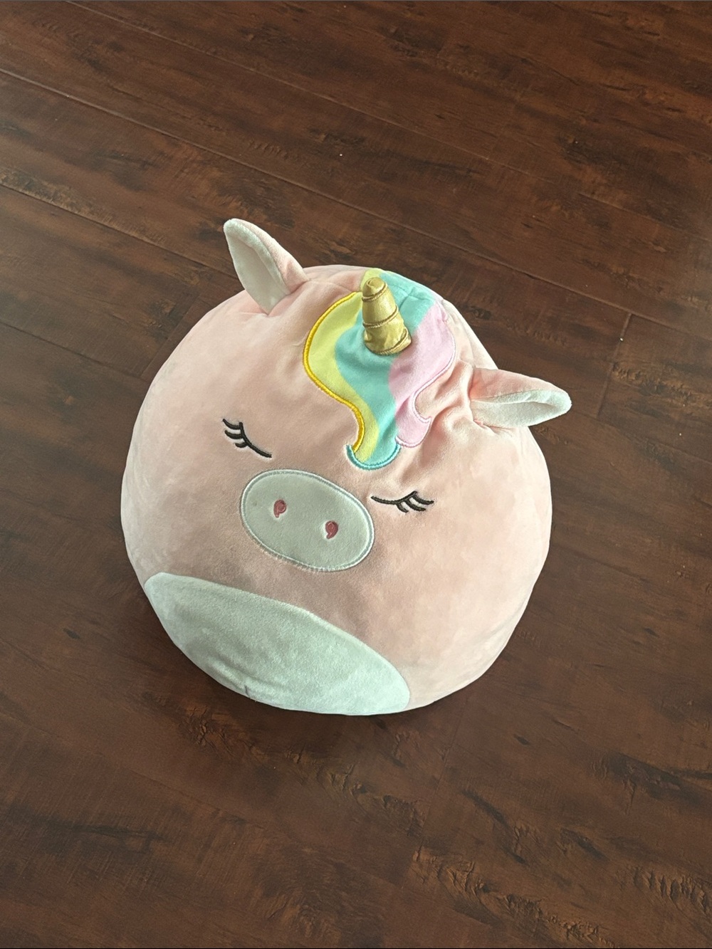 Squishmallows Pink Unicorn Pillow with Gold Horn and Pastel Mane